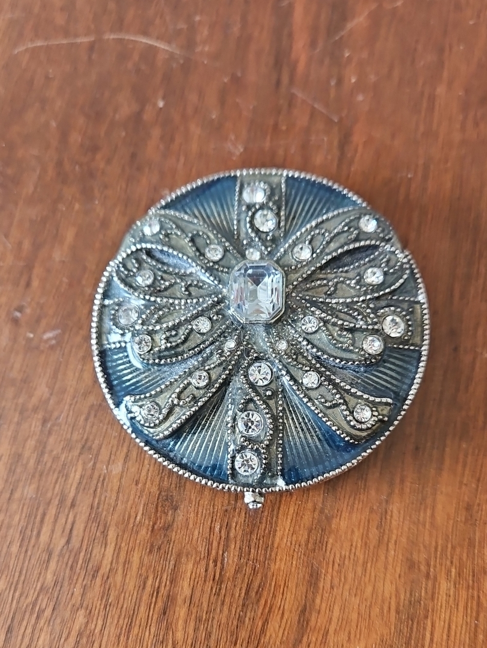 Monet Rhinestone Bow Blue Enameled Hinged Mirror Compact